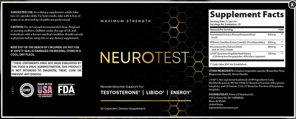 neurotest ingredient label